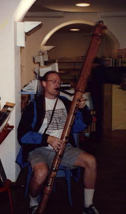 Me, playing a subcontrabass recorder.