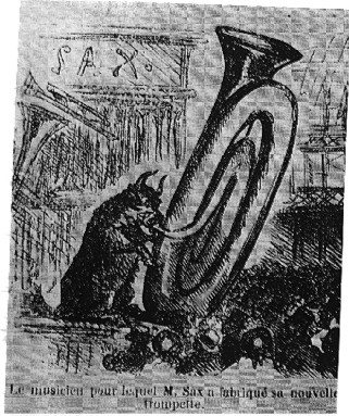A bull playing an octocontrabass tuba by A. Sax, apparently the only animal with enough wind to manage...